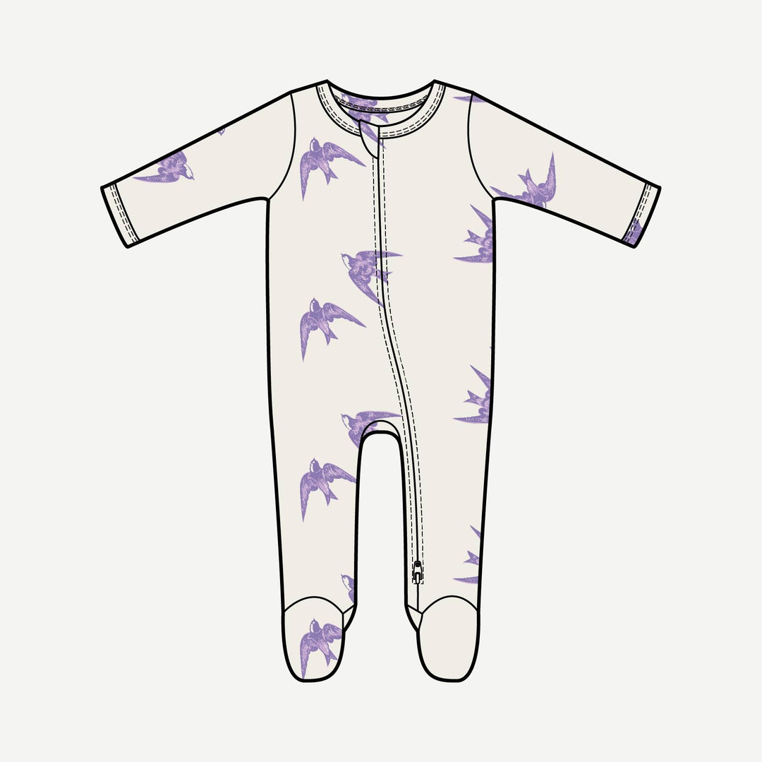 PREORDER long sleeve two way zipper footie | lavender sparrow | modal