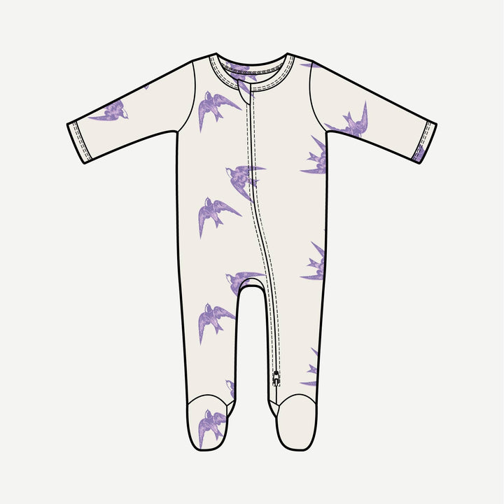 PREORDER long sleeve two way zipper footie | lavender sparrow | modal