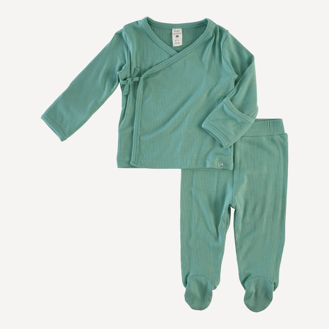 long sleeve wrap top and footed pant set | malachite | modal skinny rib