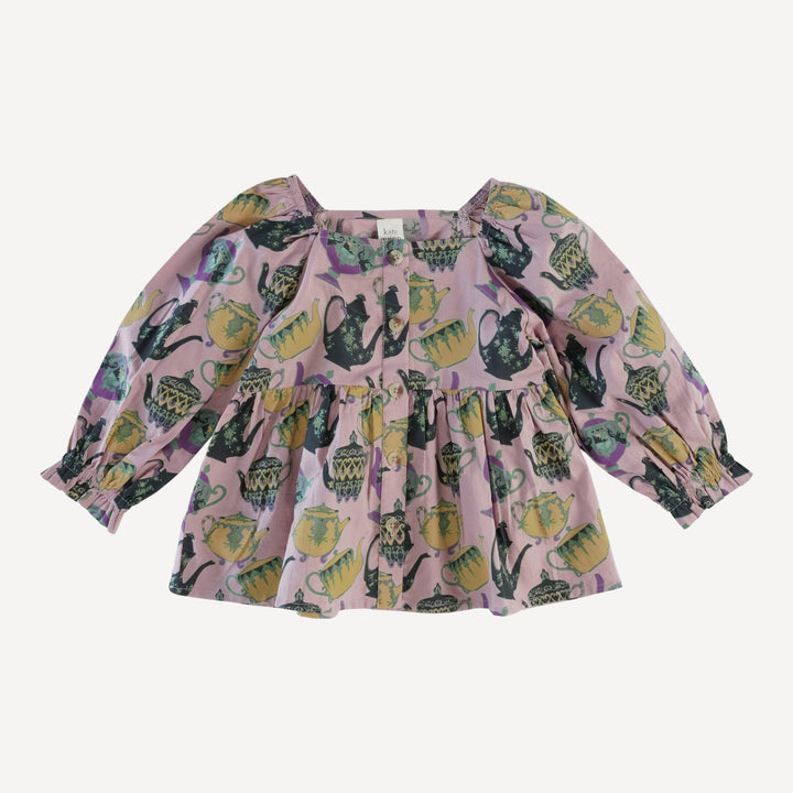 long sleeve woodland top | mauve teapots | organic cotton woven