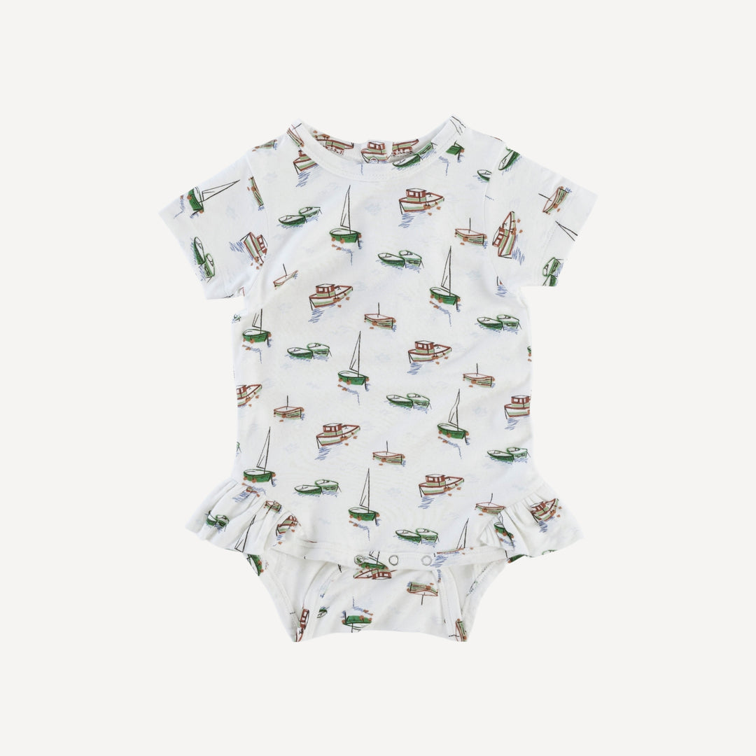 short sleeve ruffle leg bodysuit | mediterranean boats | bamboo