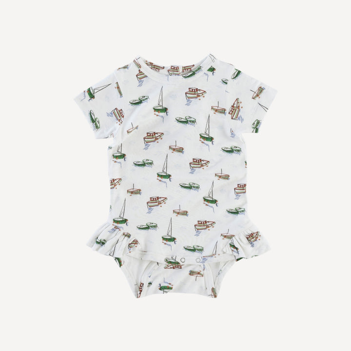 short sleeve ruffle leg bodysuit | mediterranean boats | bamboo