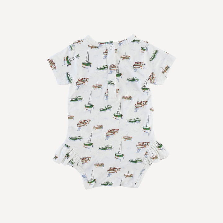 short sleeve ruffle leg bodysuit | mediterranean boats | bamboo