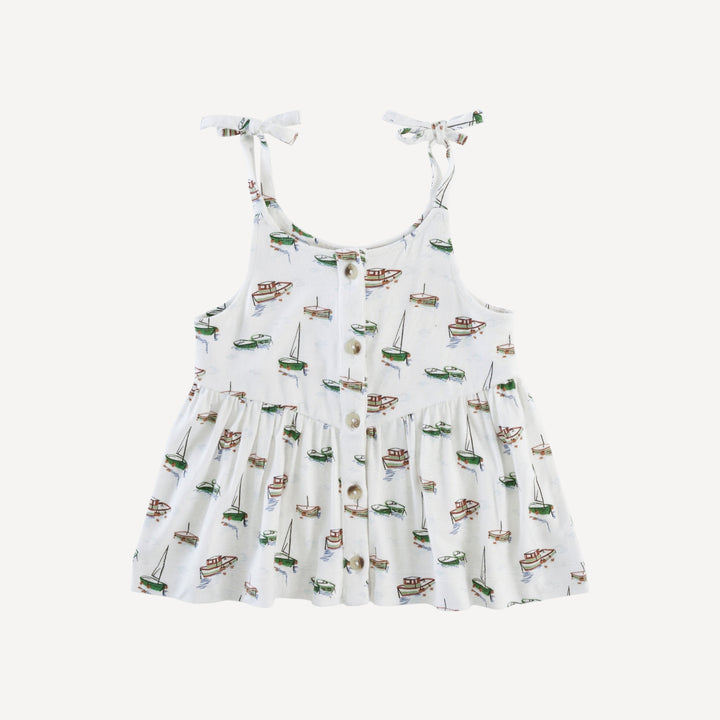 spaghetti tie button front v-waist top | mediterranean boats | bamboo