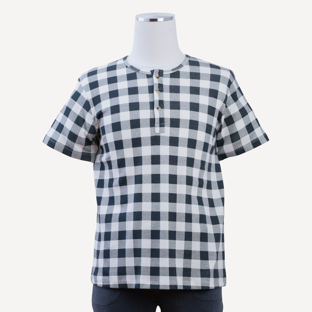 mens short sleeve henley top | blue gingham | organic cotton interlock