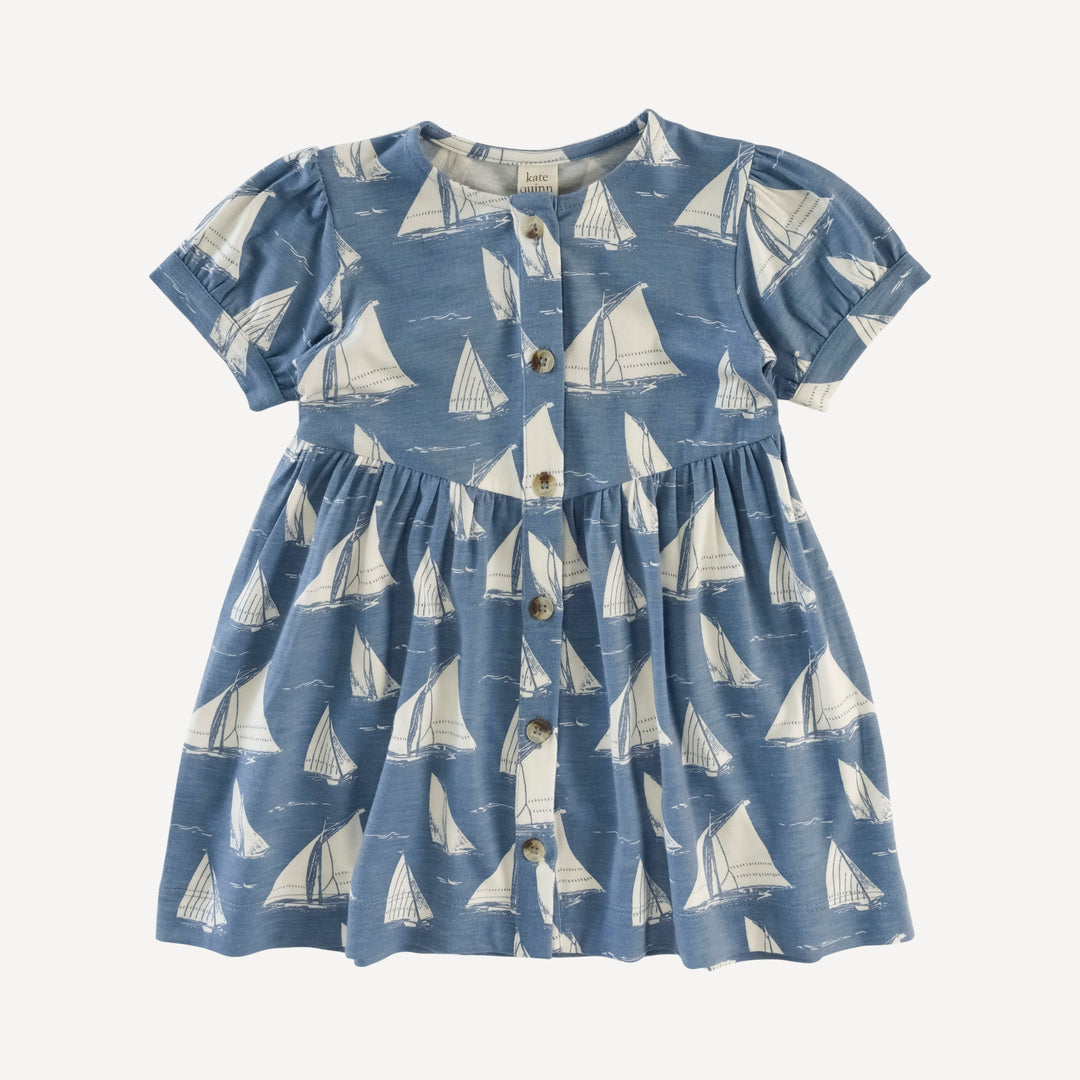 short sleeve button front v-waist dress | mid-century sailing | bamboo