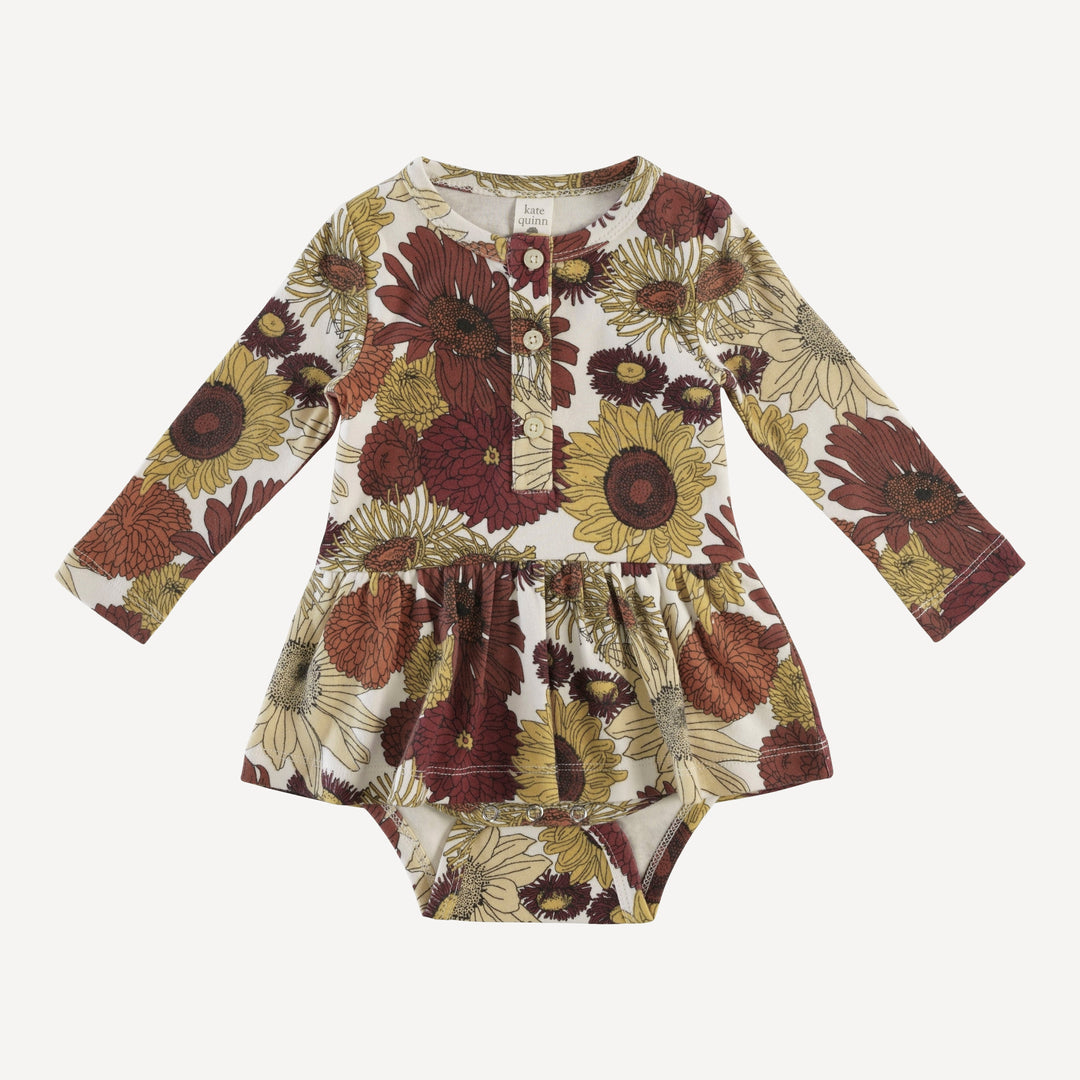 long sleeve henley skirted bodysuit | multi sunflower | organic cotton interlock