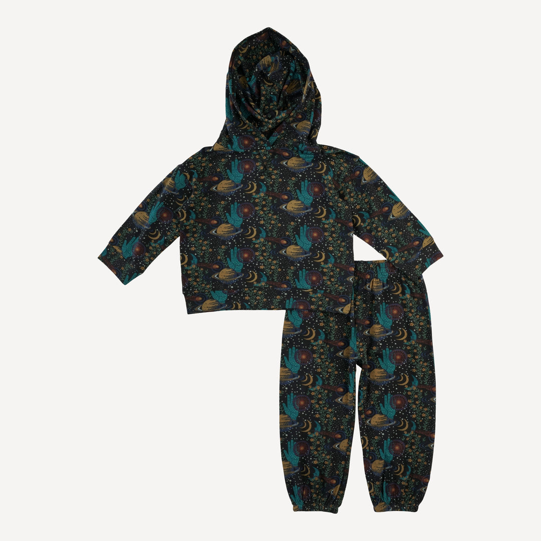 long sleeve boxy topstitch hoodie + relaxed jogger set | mystical planets | organic cotton interlock