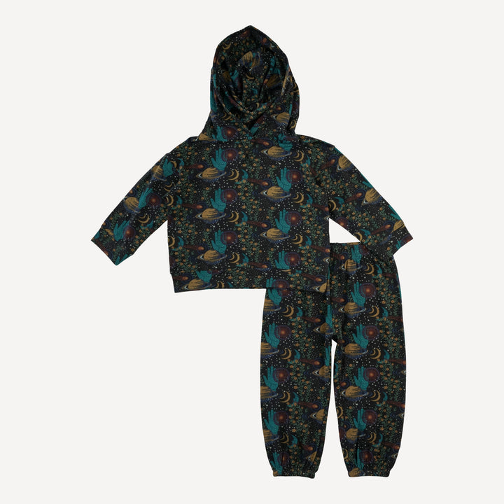long sleeve boxy topstitch hoodie + relaxed jogger set | mystical planets | organic cotton interlock