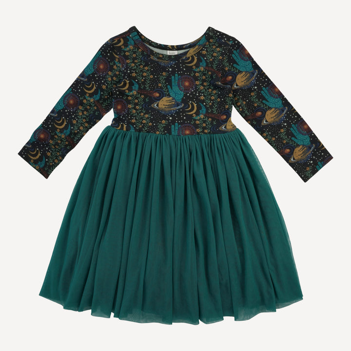 long sleeve ballerina tulle dress | mystical planets | organic cotton interlock