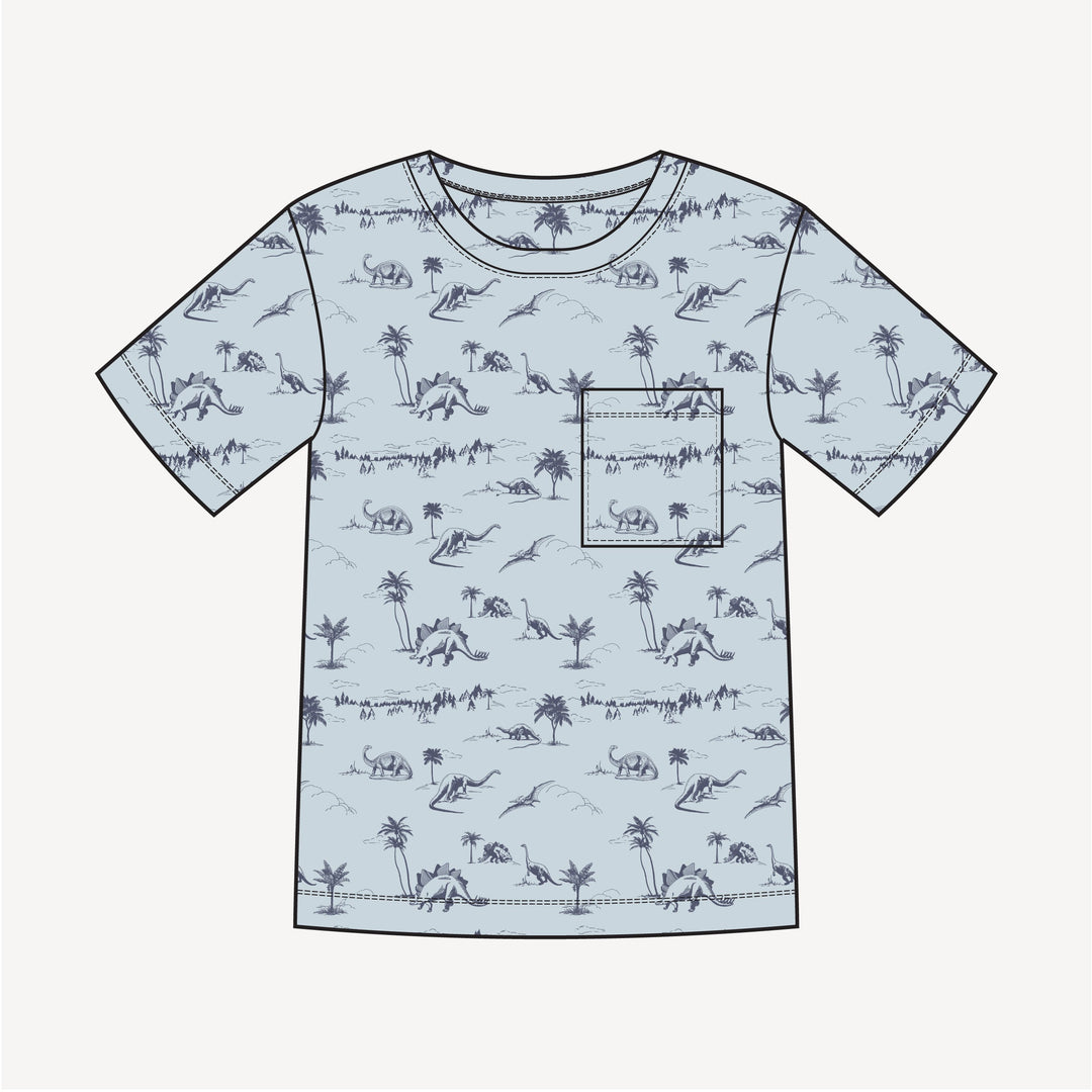 PREORDER mens short sleeve pocket tee | blue dino landscape | bamboo