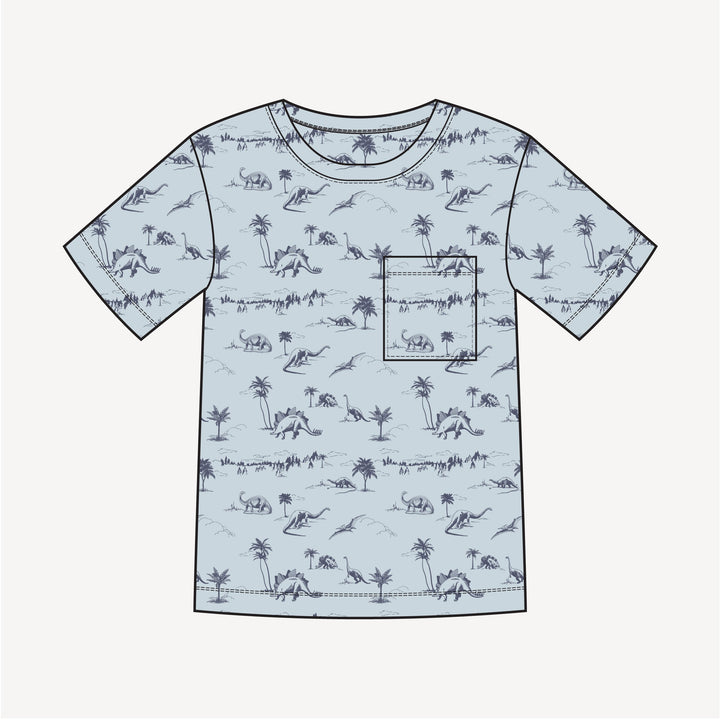 PREORDER mens short sleeve pocket tee | blue dino landscape | bamboo