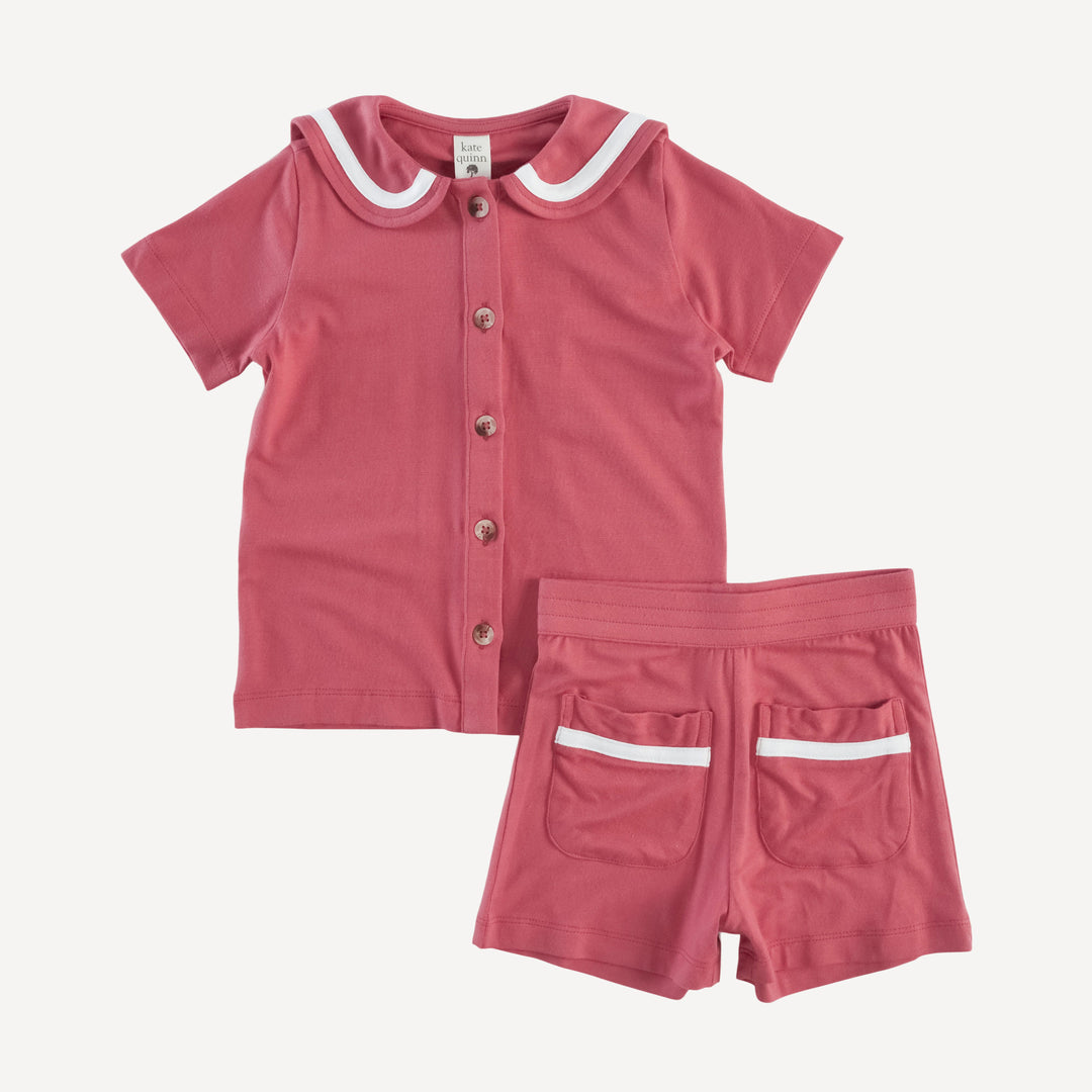 short sleeve sailor collar top + front pocket short set | nautical red | bamboo
