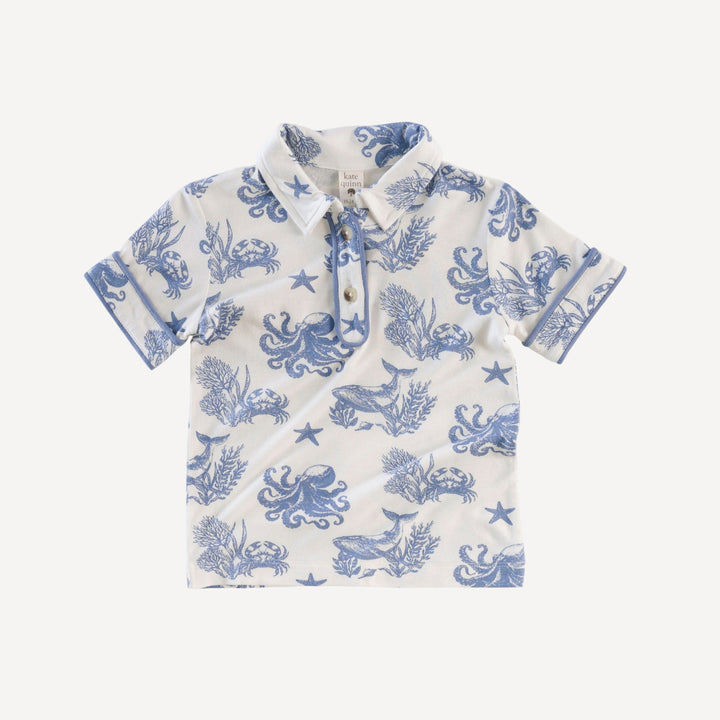 short sleeve piped polo | nautical toile | bamboo