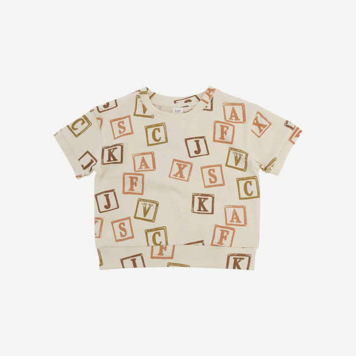 short sleeve relaxed jogger set | neutral alphabet blocks | organic cotton jersey