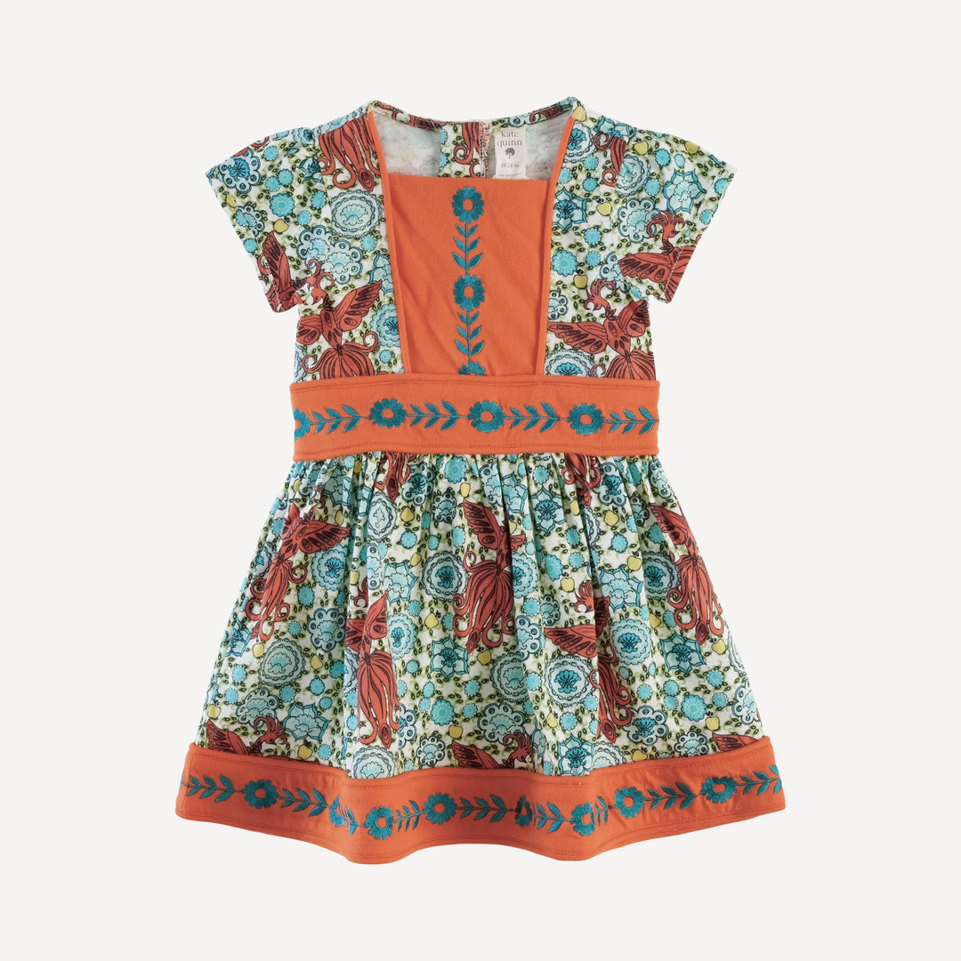 short puff sleeve piped square neck embroidered dress | firebird | organic cotton jersey