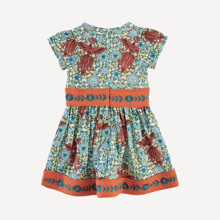 short puff sleeve piped square neck embroidered dress | firebird | organic cotton jersey