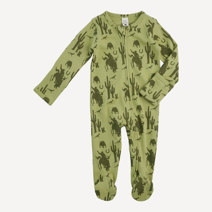 long sleeve two way zipper footie | olive cowboy | organic cotton interlock