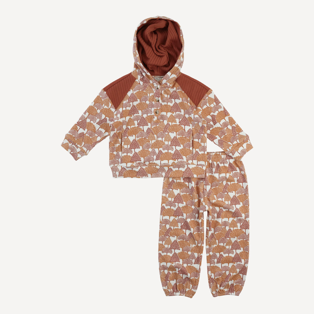 PRESALE long sleeve color blocked henley hoodie + relaxed jogger set | orange forest | organic cotton interlock