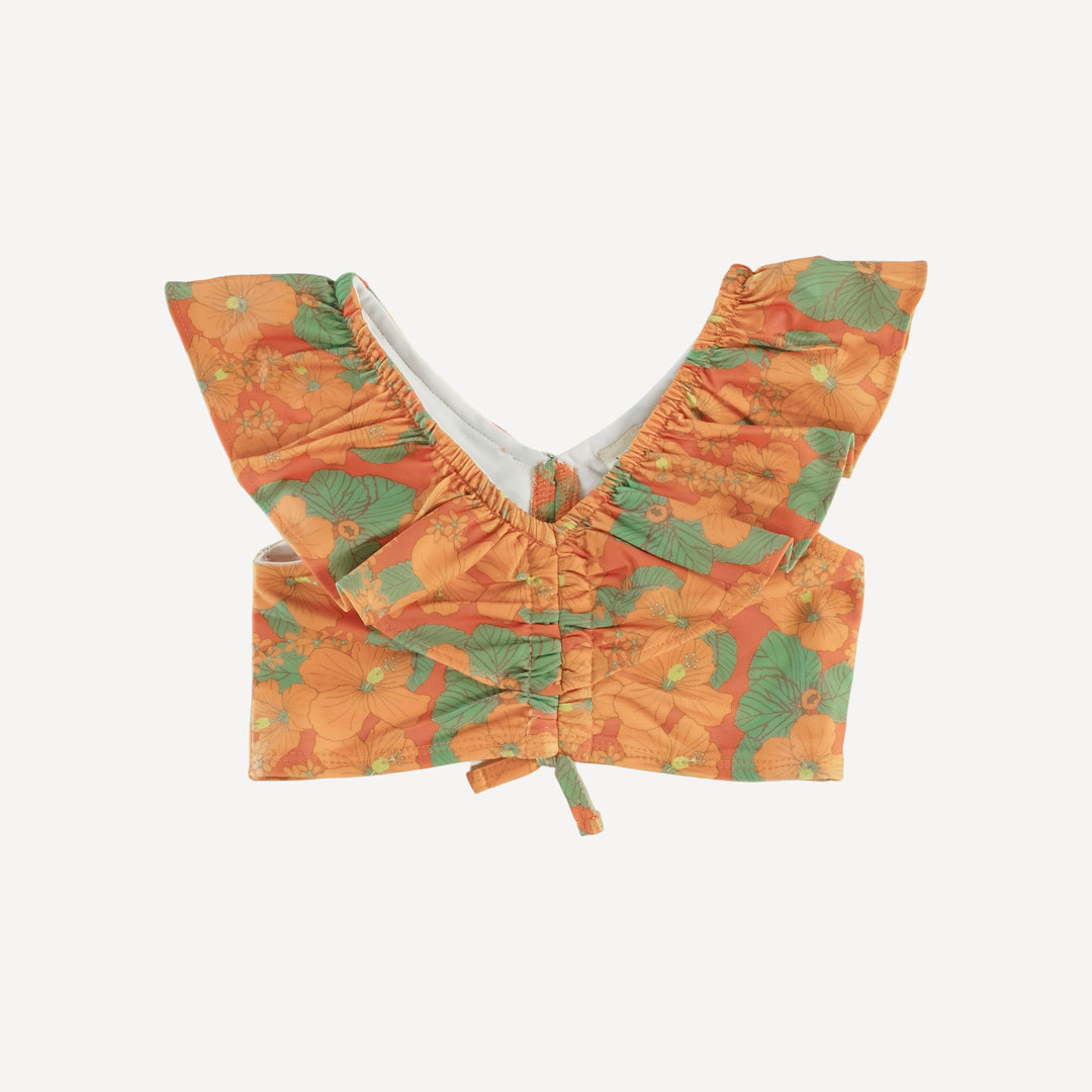 ruffle crop top and ruffle leg bottom swim set | orange hibiscus garden | swim