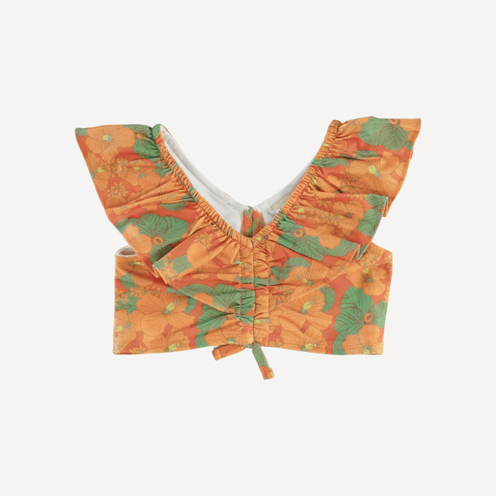 ruffle crop top and ruffle leg bottom swim set | orange hibiscus garden | swim