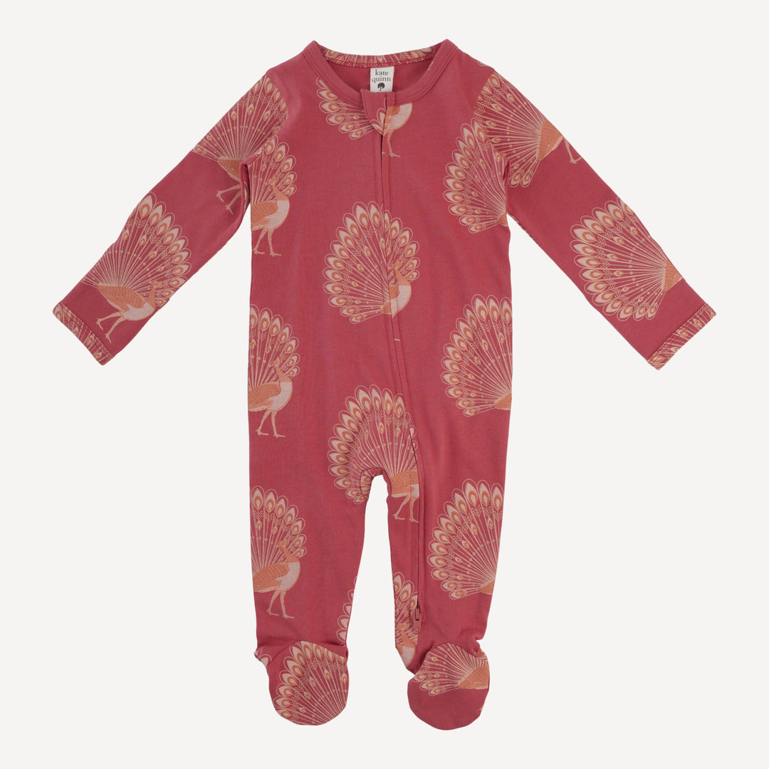 long sleeve two way zipper footie | orange peacock | organic cotton jersey