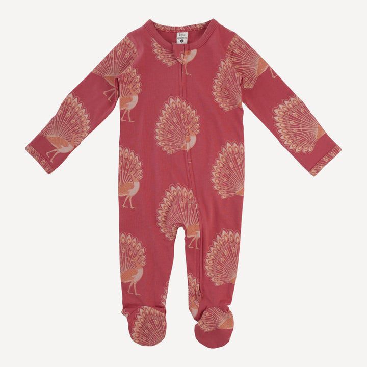 long sleeve two way zipper footie | orange peacock | organic cotton jersey