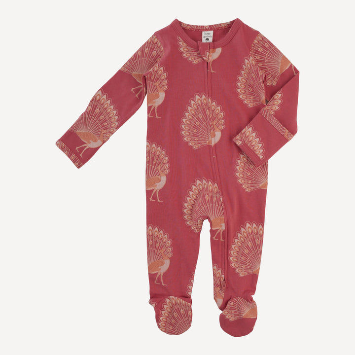 long sleeve two way zipper footie | orange peacock | organic cotton jersey