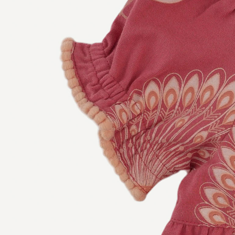 short puff pom pom sleeve prairie dress | orange peacock | organic cotton jersey