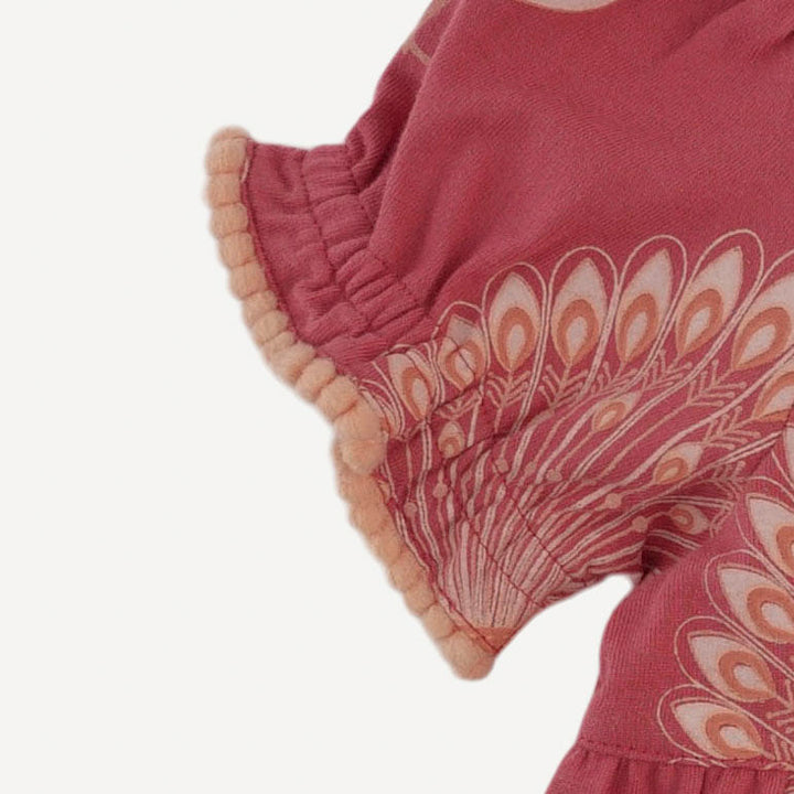 short puff pom pom sleeve prairie dress | orange peacock | organic cotton jersey