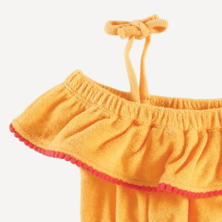 spaghetti tie ruffle off shoulder bubble with pom poms | orange | organic cotton terry