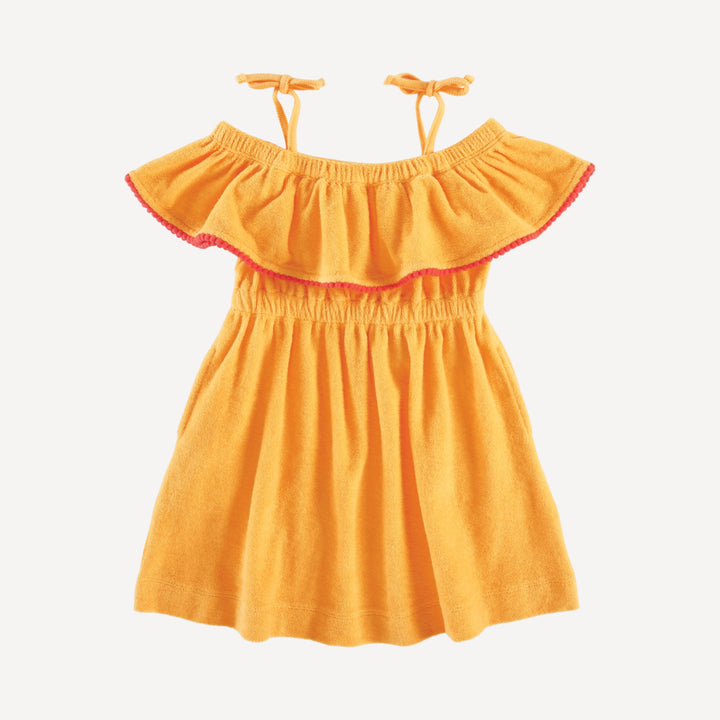 off shoulder ruffle dress | orange | organic cotton terry