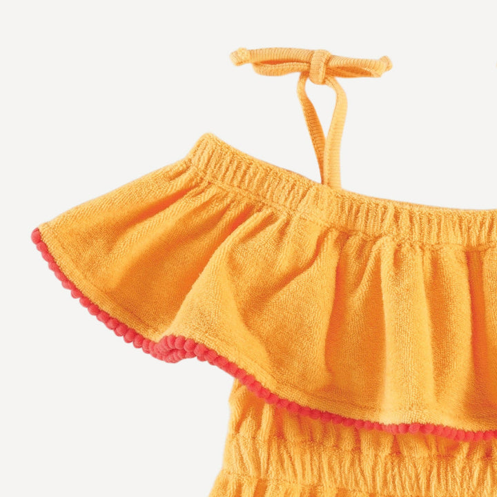 off shoulder ruffle dress | orange | organic cotton terry