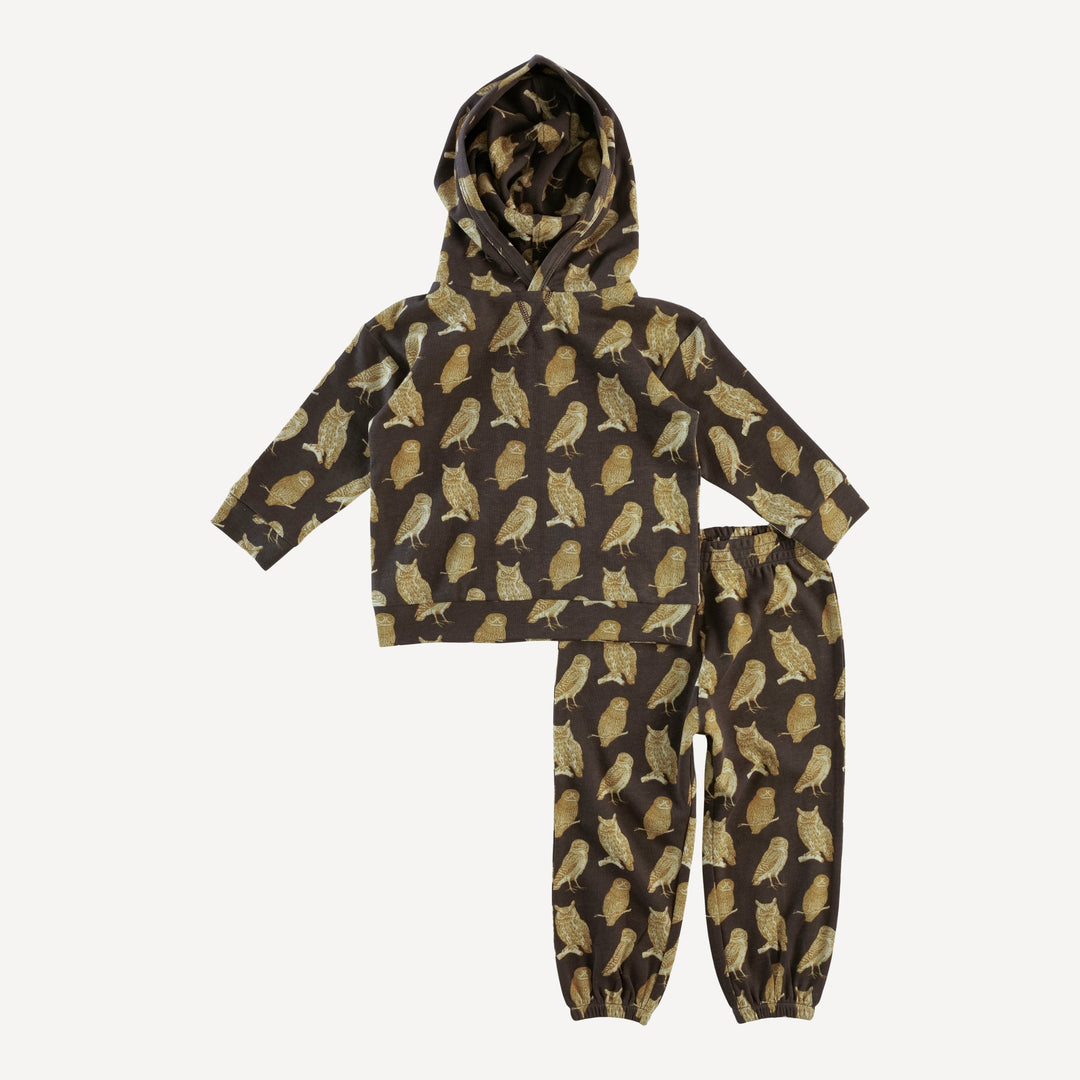 long sleeve hooded relaxed jogger set | owl friends | organic cotton interlock