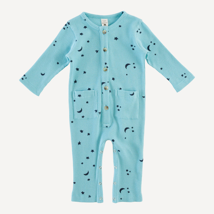 long sleeve button down pocket jumpsuit | peace blue stars & moon | organic cotton thermal