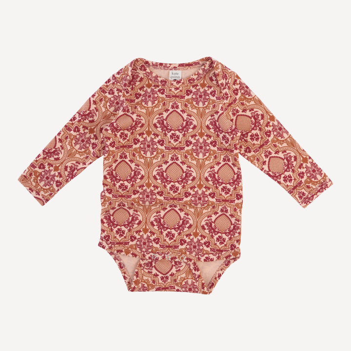 long sleeve lap neck bodysuit | peach folk floral | organic cotton jersey