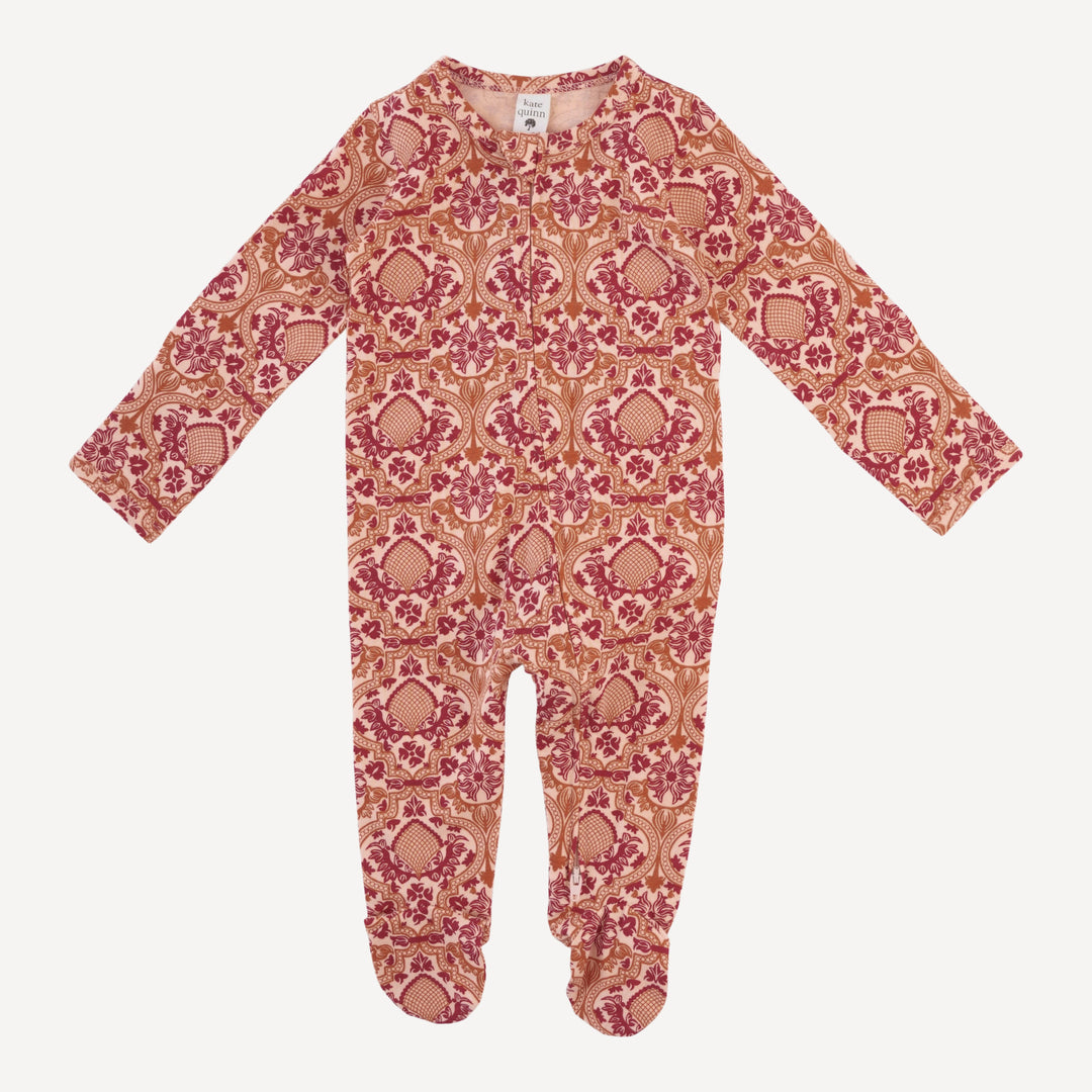 long sleeve two way zipper footie | peach folk floral | organic cotton jersey