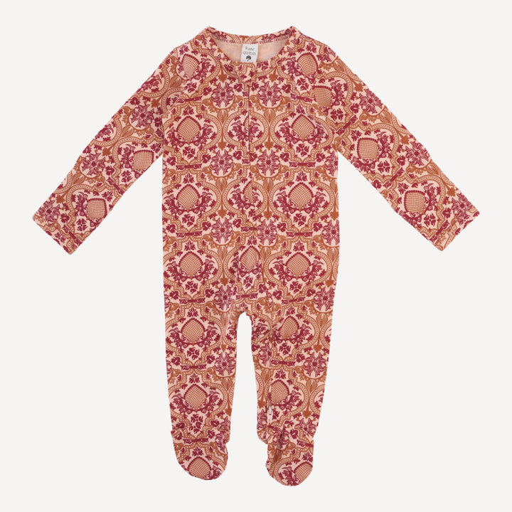 long sleeve two way zipper footie | peach folk floral | organic cotton jersey