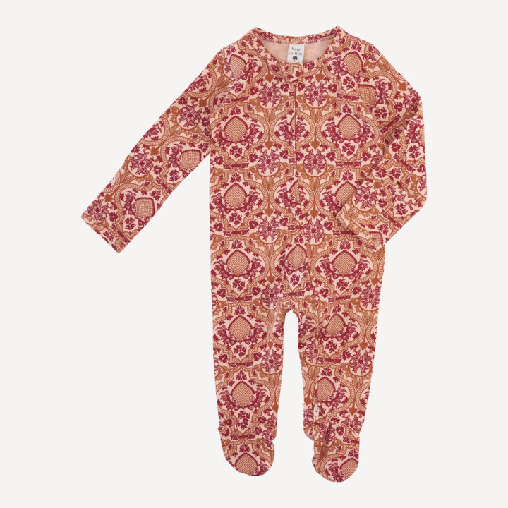 long sleeve two way zipper footie | peach folk floral | organic cotton jersey