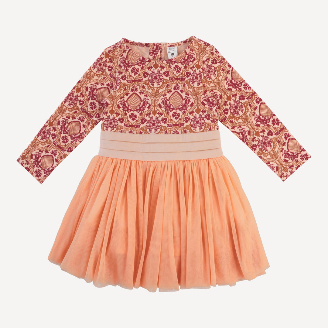 long sleeve classic tulle ballet dress | peach folk floral | organic cotton jersey