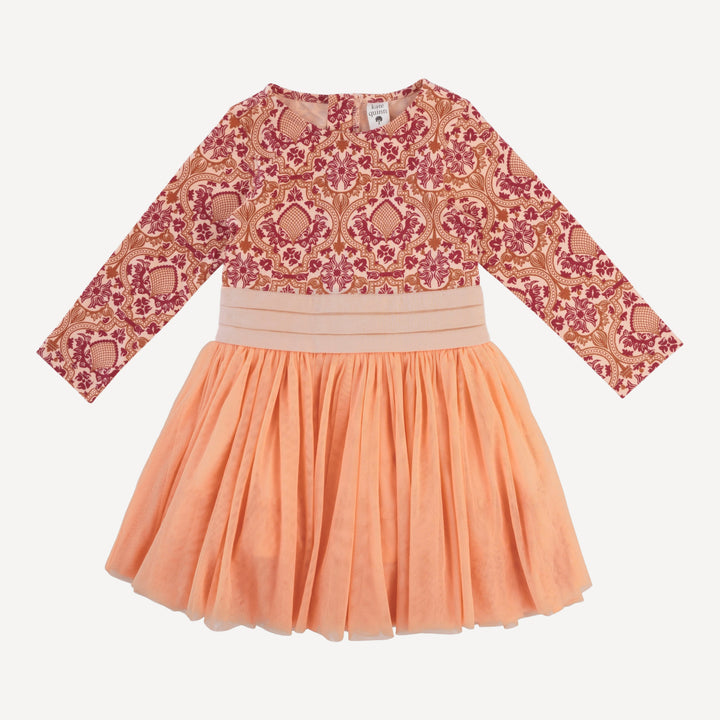 long sleeve classic tulle ballet dress | peach folk floral | organic cotton jersey