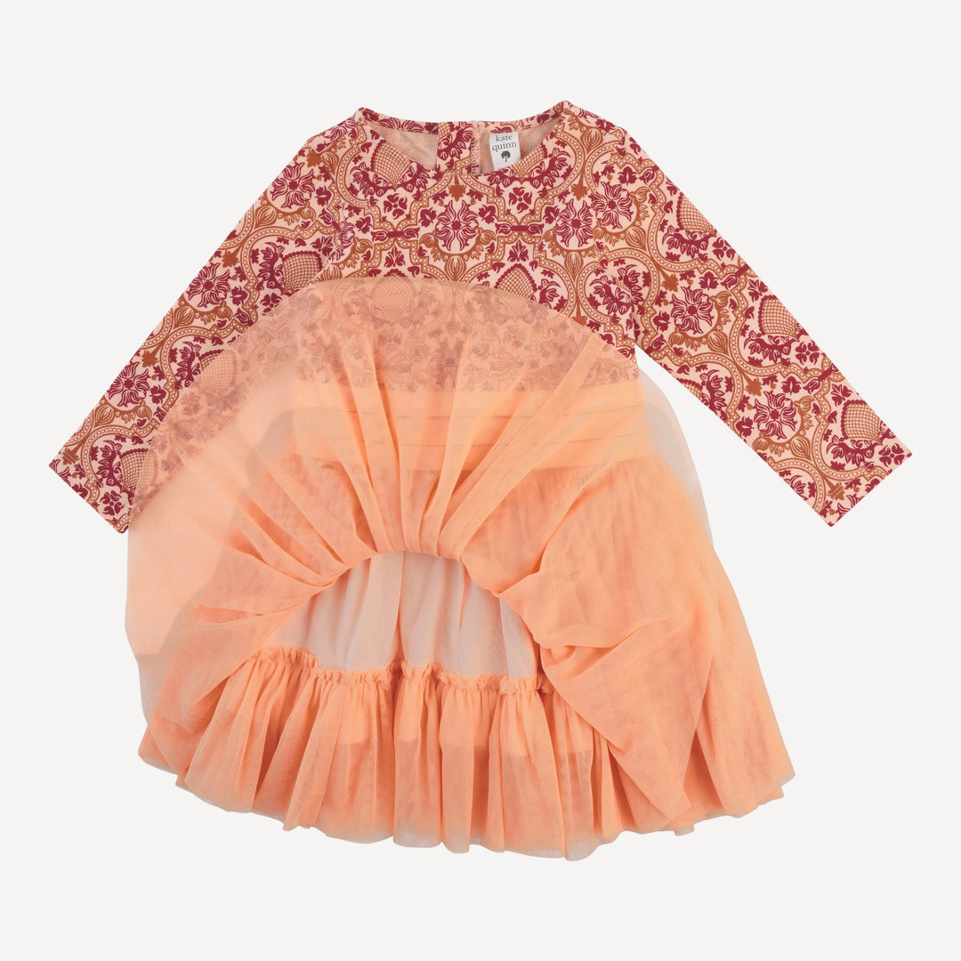long sleeve classic tulle ballet dress | peach folk floral | organic cotton jersey