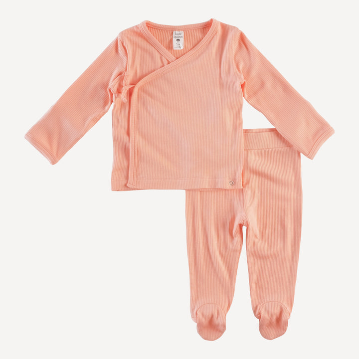 long sleeve wrap top and footed pant set | peach quartz | modal skinny rib