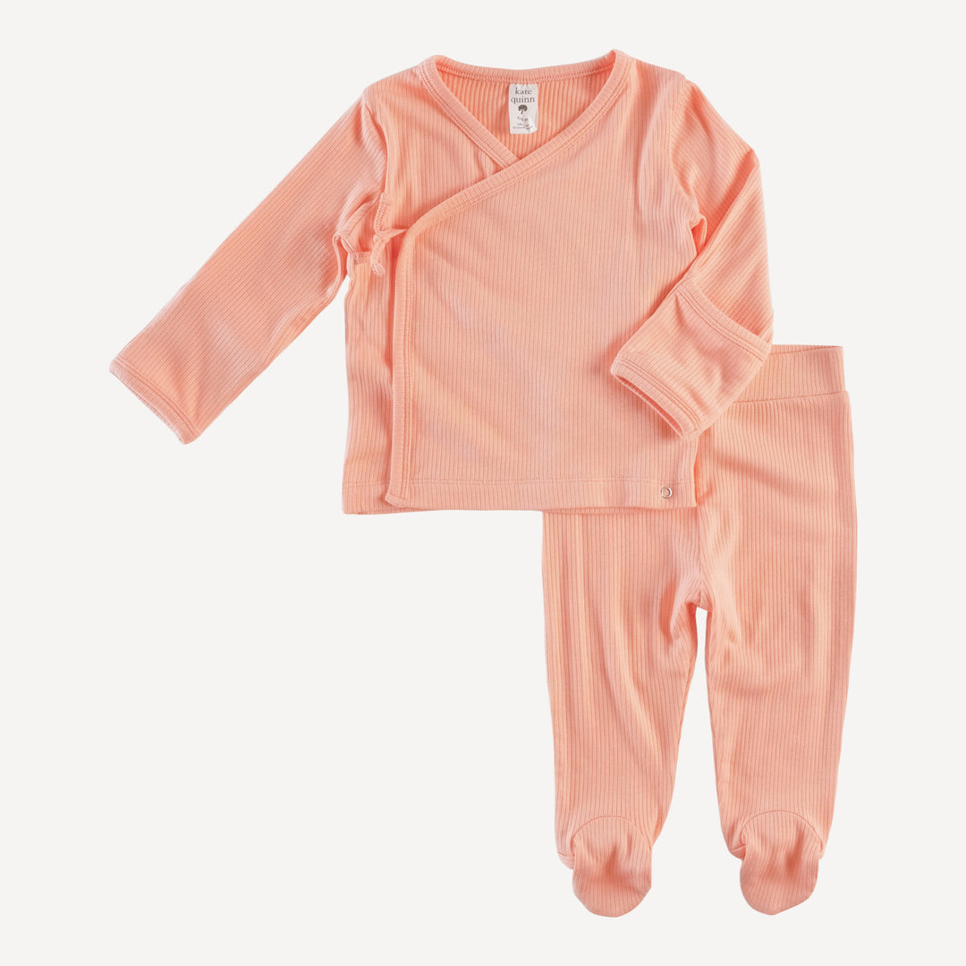 long sleeve wrap top and footed pant set | peach quartz | modal skinny rib