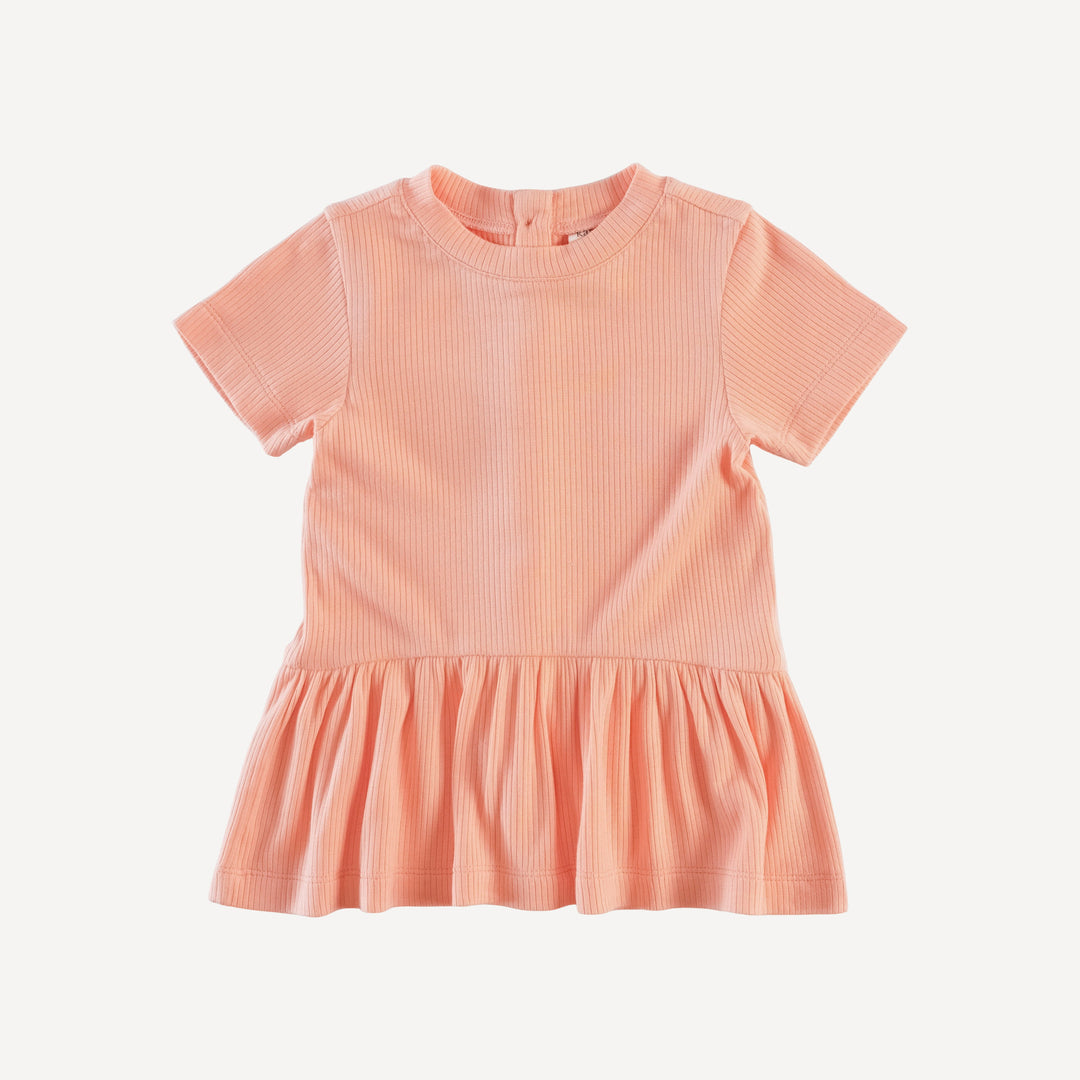 short sleeve drop waist gathered top | peach quartz | modal skinny rib