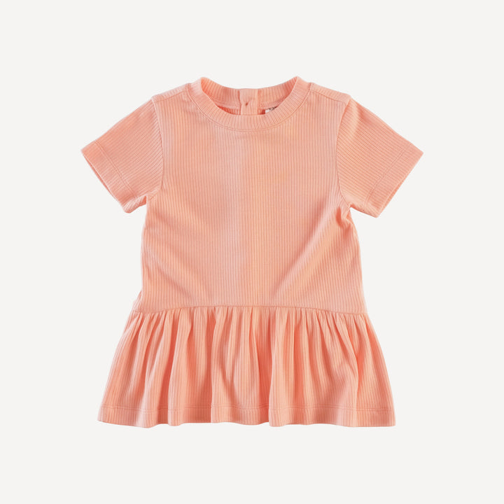 short sleeve drop waist gathered top | peach quartz | modal skinny rib