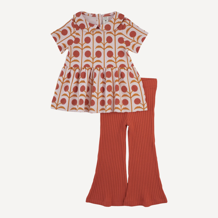 short sleeve peter pan top + flare pant set | pink dandelion puff | organic cotton interlock
