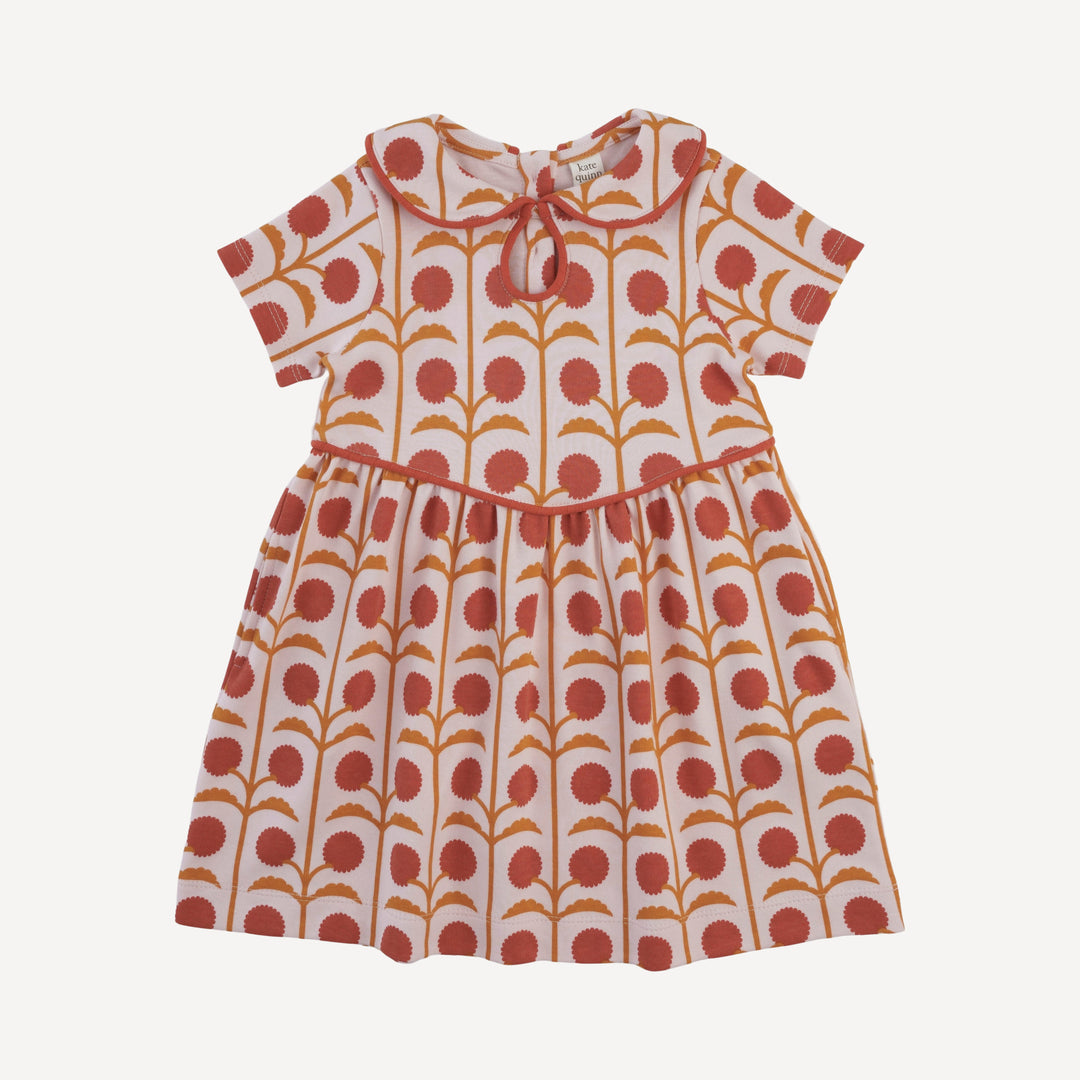 short sleeve peter pan piped keyhole dress | pink dandelion puff | organic cotton interlock