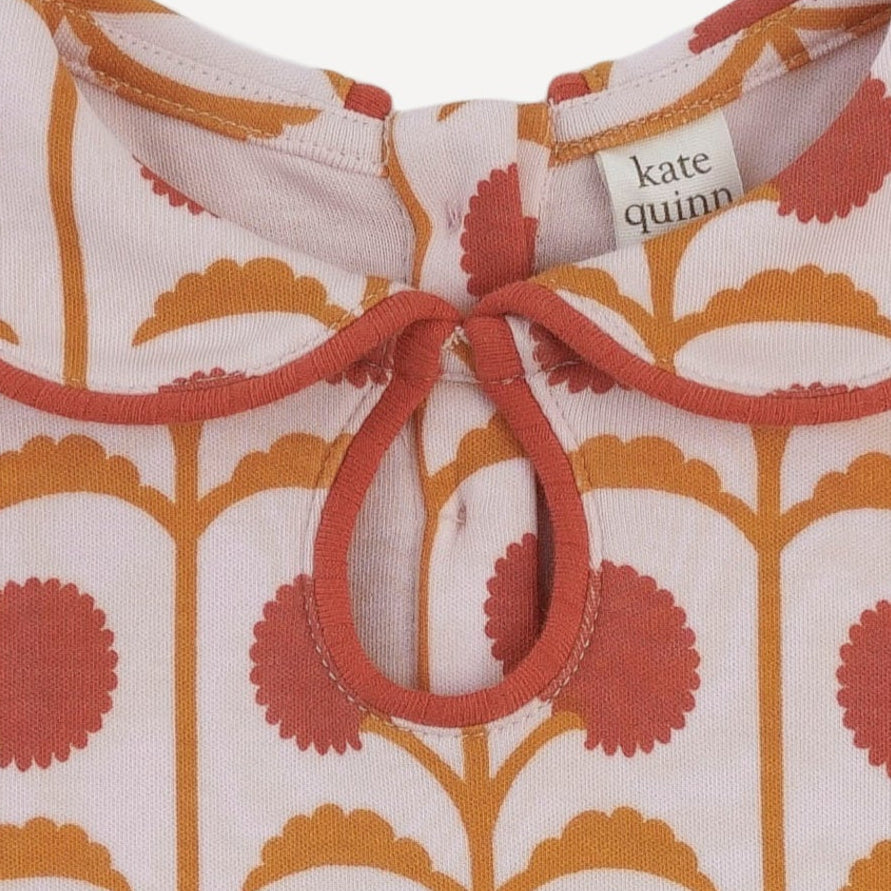 short sleeve peter pan piped keyhole dress | pink dandelion puff | organic cotton interlock