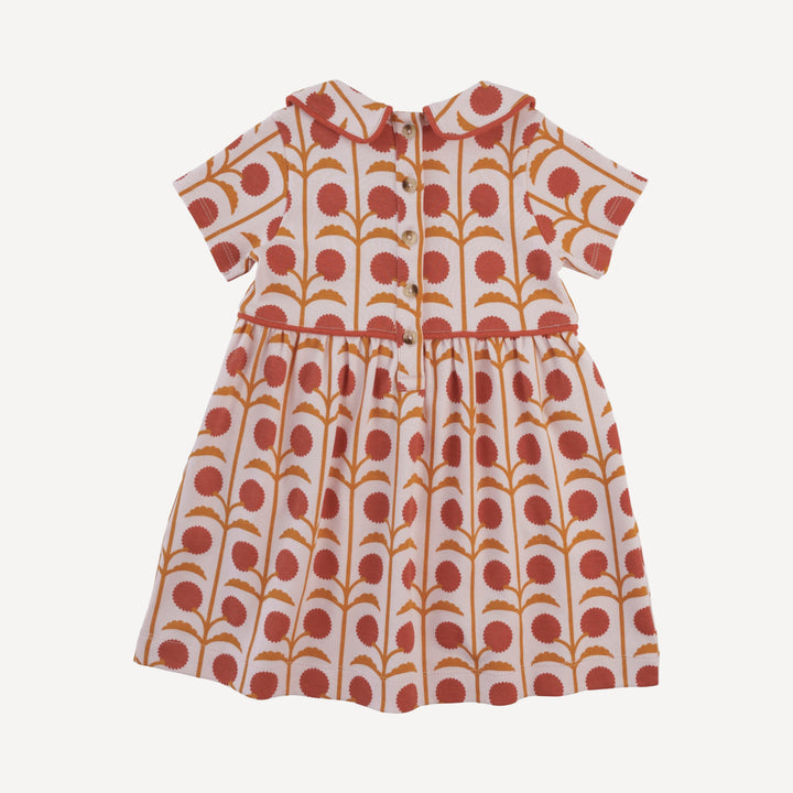 short sleeve peter pan piped keyhole dress | pink dandelion puff | organic cotton interlock